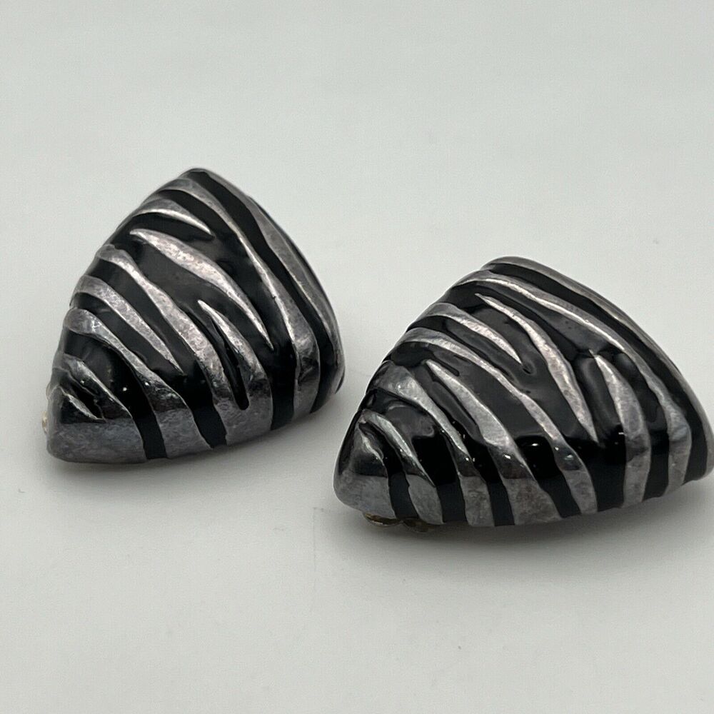 Vintage Simon Sebbag Stripe Black Triangle Sterling Silver 925 Stud Earrings
